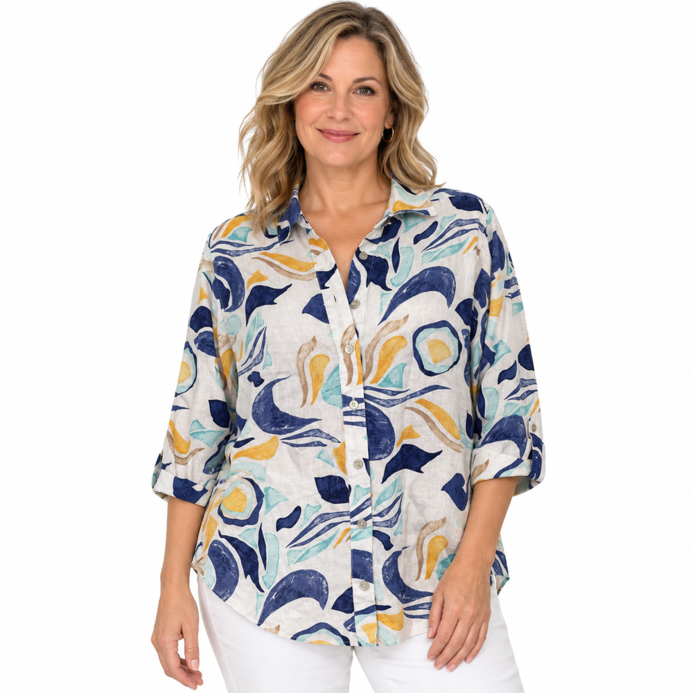 Chicos 100% Linen Button Up 3/4 Sleeve Blue White Yellow Print Top Shirt 1.5/ 10
